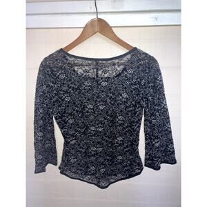 JILL McGOWAN Embroidered Mesh Top 3/4 Flare Sleeve Black Wool XS Sheer